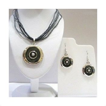 Parure Collier + Boucles Métal Argenté, Email & Strass