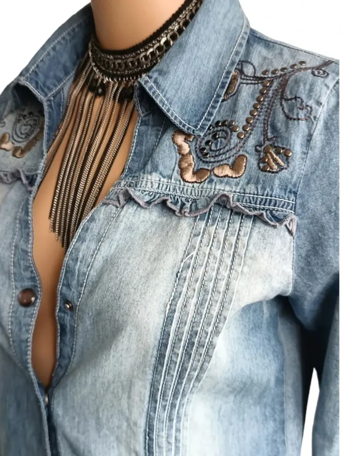 Chemise jean vintage y2k ,No Excuses ,coupe droite et longue ,col en V ouvert 100 % coton - photo numéro 8