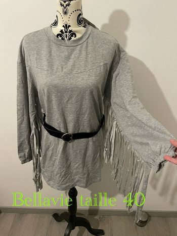 Pull sweat long gris à manches longues à frange western ceinture noir neuf Bellavie taille 40