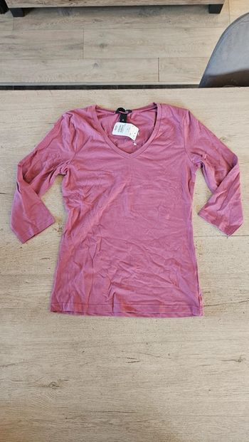 T shirt stretch mauve à manches 3/4, H&M, taille S, neuf avec étiquette
