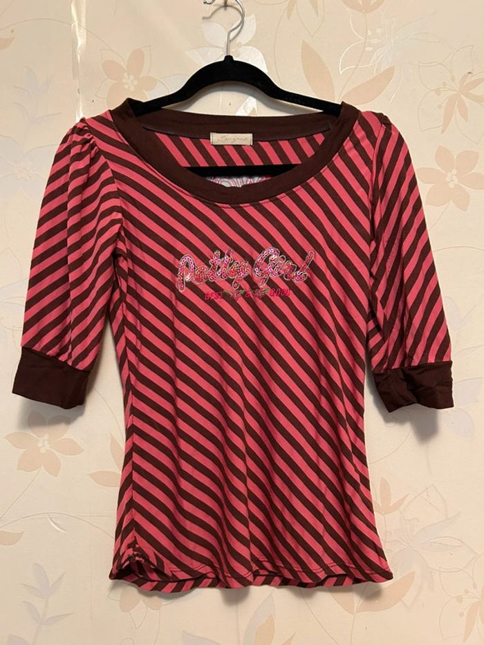 Top rose et marron manches 3/4