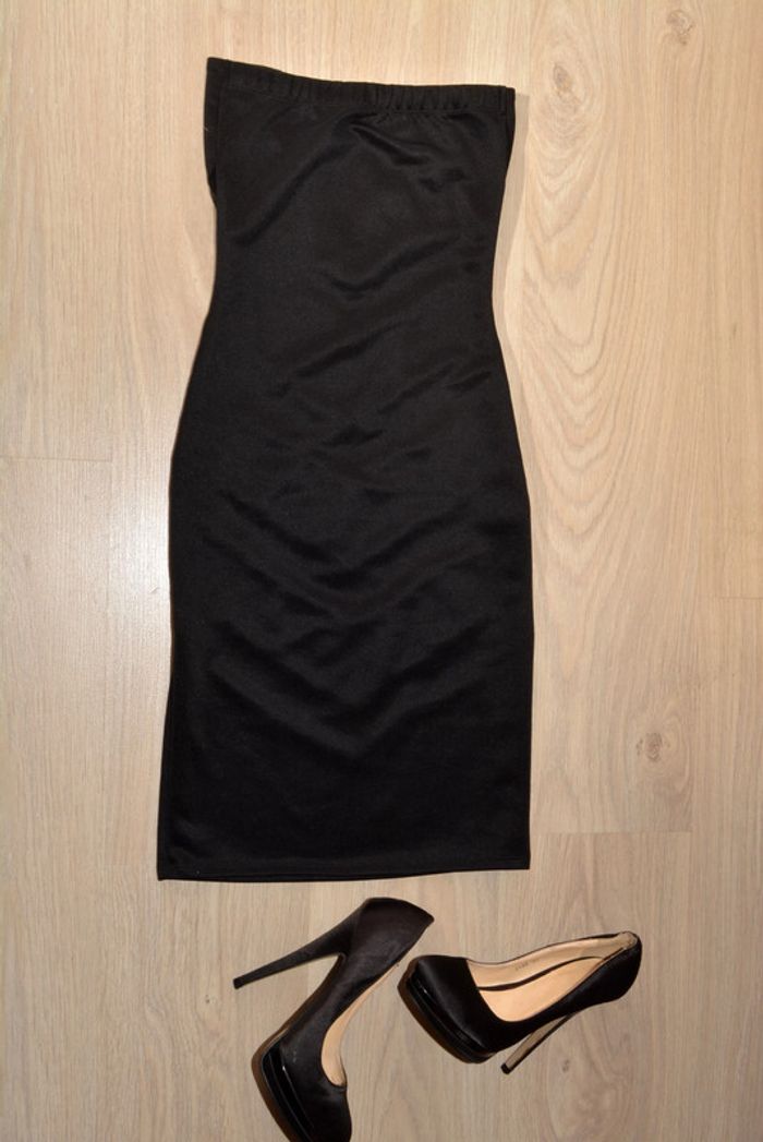 robe de soirée noire uni moulante sans bretelles avec transparence et zigzag taille 34 - photo numéro 5