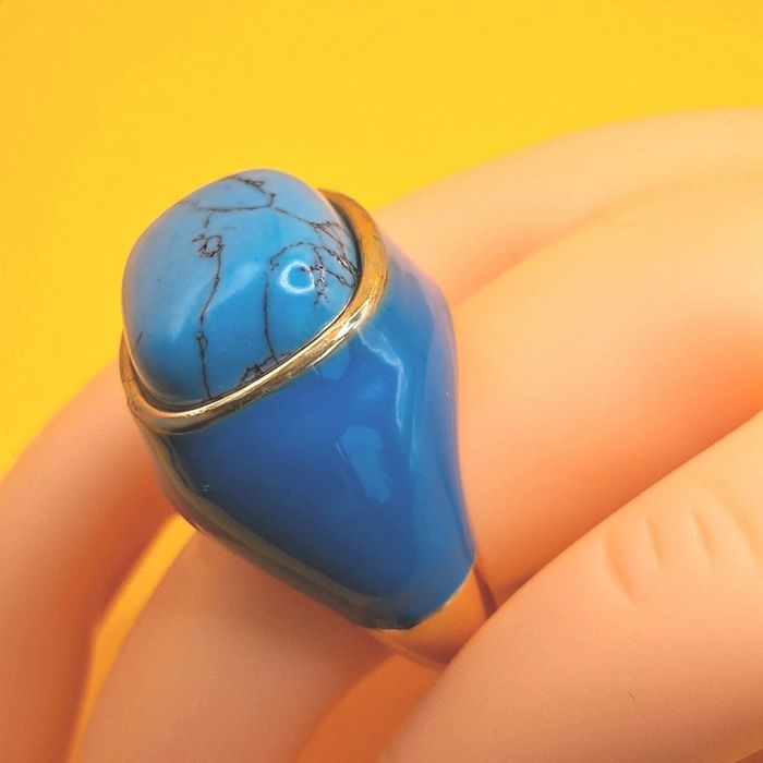 neuf idéal cadeau a tout petit prix grosse bague cabochon en acier inoxydable doré et turquoise - photo numéro 4