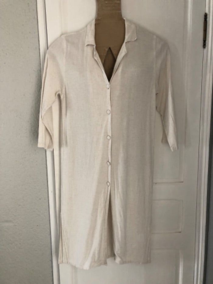 AN45- Veste ou robe longue beige « HG »  lin et coton T 2 40-42