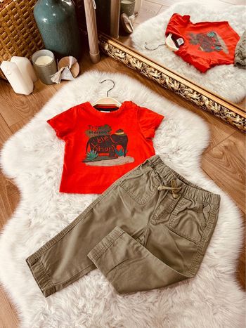 Taille 18 mois ensemble d’été 2 pièces garçon TAO Kiabi rouge et kaki * éléphant * 💙