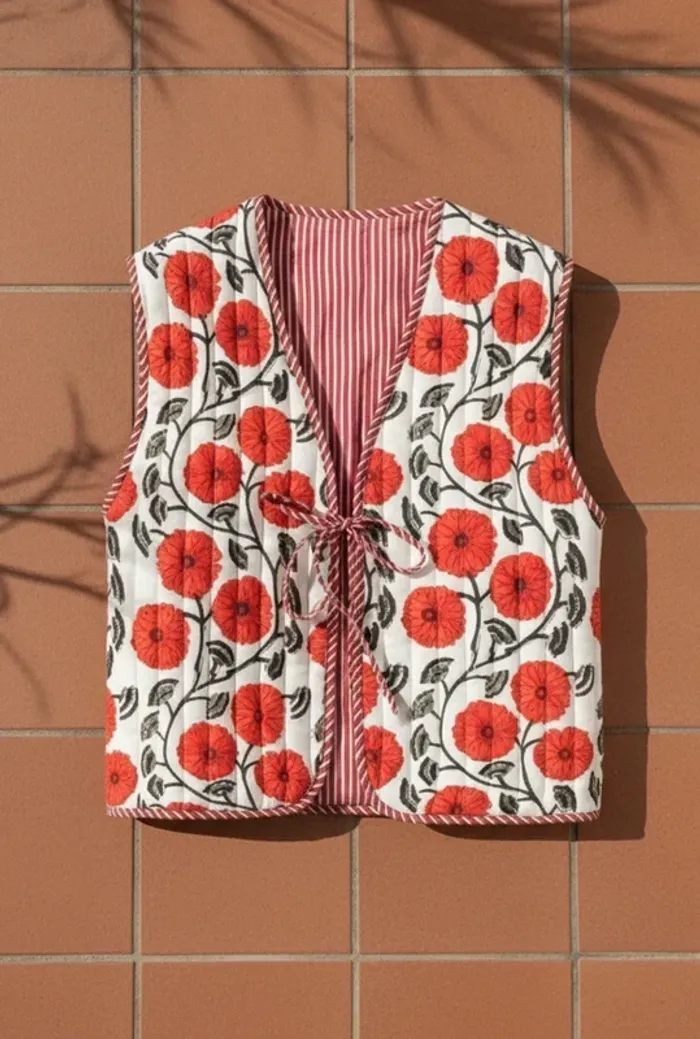 Gilet sans manches fleuri rouge, noué devant, taille S, style bohème rétro chic