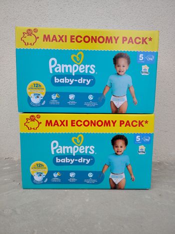 Lot 2 Maxi Packs Pampers Baby-Dry T5 (11-16kg) 188 couches neuves – Ultra absorbantes & confort