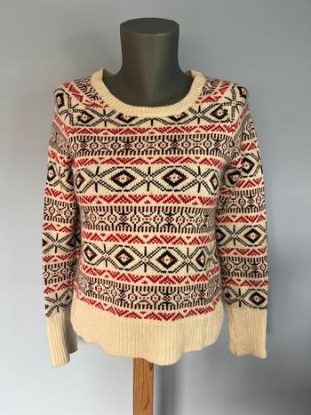 Pull tricot blanc cassé Sandro taille 1 – Motifs noir et rouge & tirettes manches