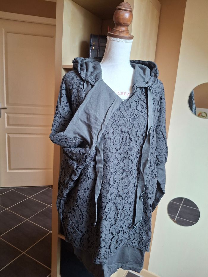 Tunique capuche dentelle gris anthracite - photo numéro 2