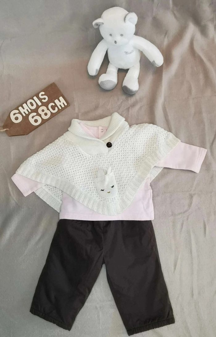 Ensemble 👣 pantalon dpam, tee-shirt obaïbi, poncho Kitchoun, 6mois/67cm - photo numéro 3