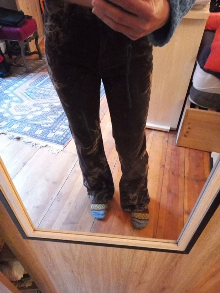 Superbe pantalon moulant type velours marron rare stylisé taches claires rétro - photo numéro 2