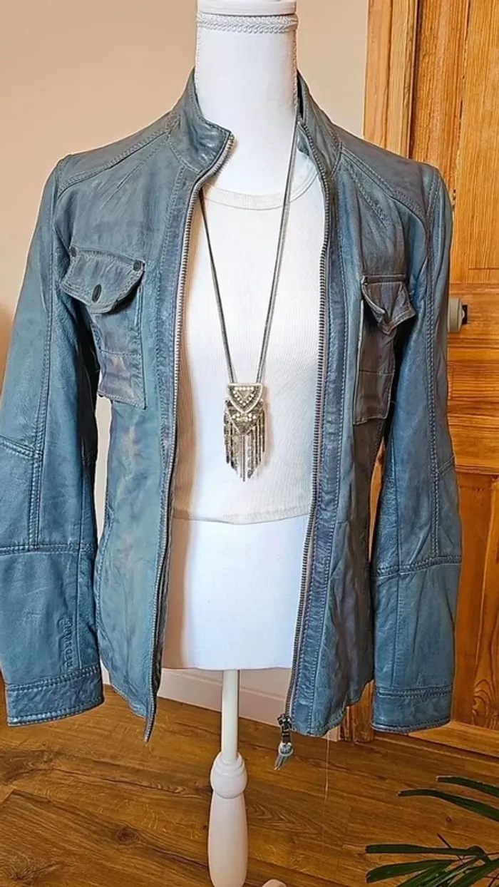 Blouson redskins en cuir gris cintré motard - photo numéro 2