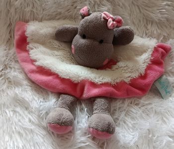 Doudou plat hippopotame Zoé - gris ,blanc et rose - fleur -Baby Nat