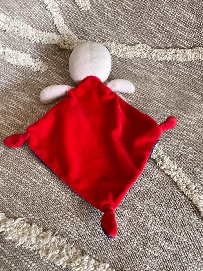 Peluche doudou plat 32cm mots d’enfants chien ours bleu et rouge très bon état - photo numéro 3