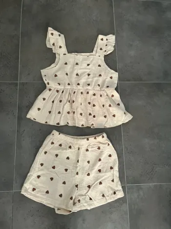 7 ans - ensemble beige/marron cœur gaz de coton