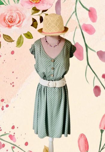 🩶Robe à pois d’été bohème champêtre gris tilleul🌿Linden gray white polka dots dress🩶