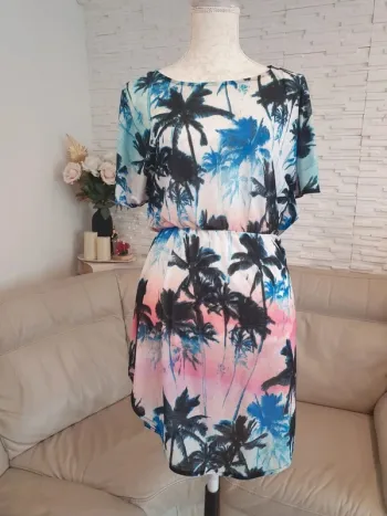 Robe de plage piscine mer palmiers rose bleu vert h&m taille S 36