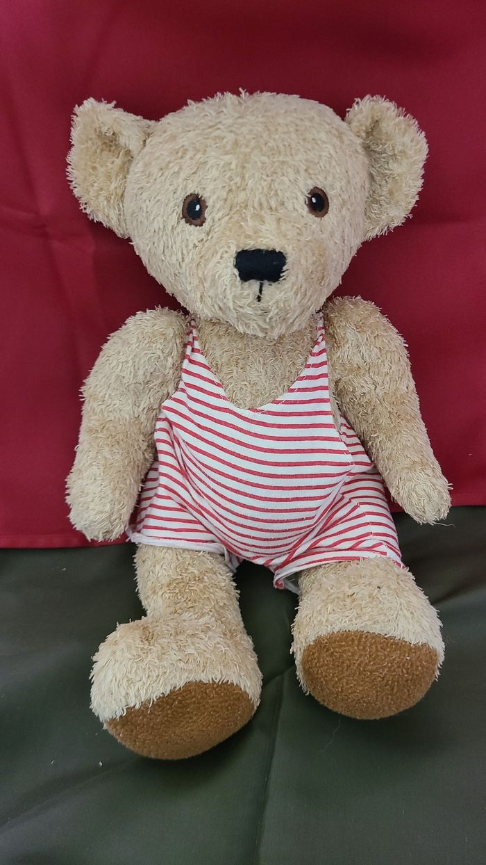 Peluche doudou ours maillot rayé rouge gris 30 cm Sunkid