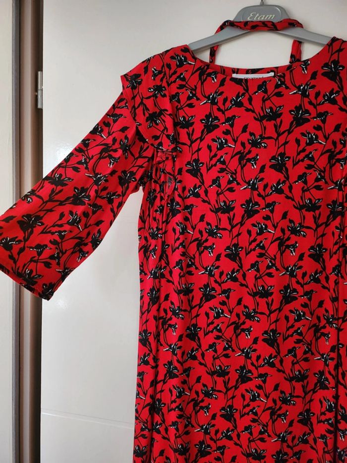 Robe fluide volants rouge noir fleurs Promod - photo numéro 2