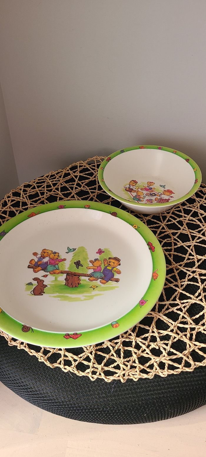 Bol et assiette en mélamine pour bébé Thermobaby blanc et vert ours oursons - photo numéro 2