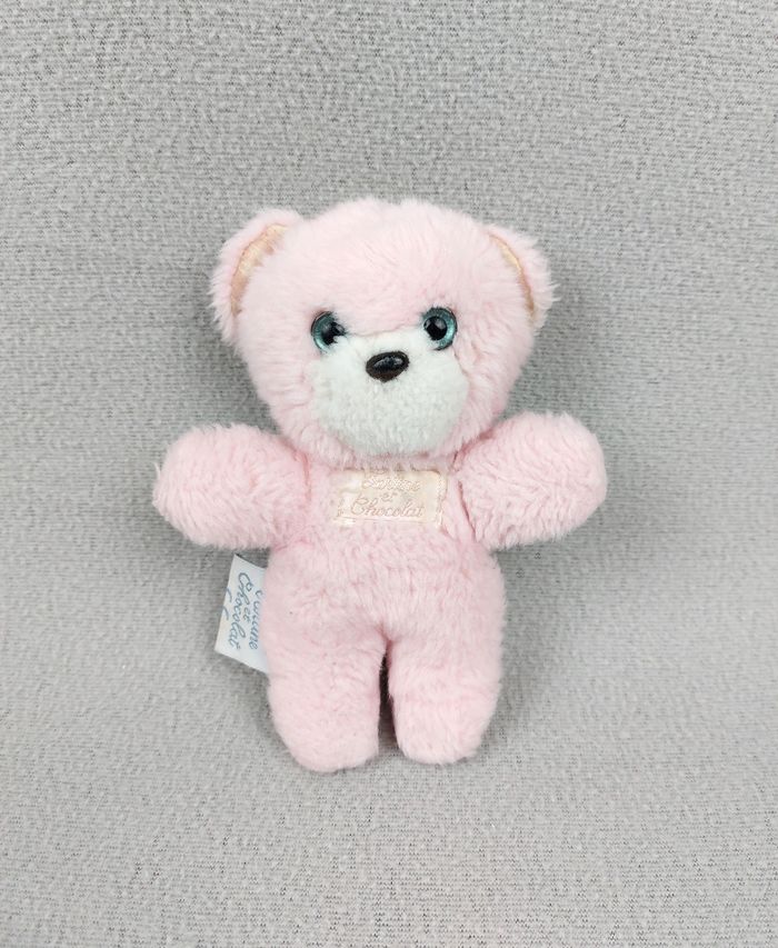 Doudou peluche ours rose TARTINE ET CHOCOLAT VINTAGE 17 cm yeux bleus dur rayure