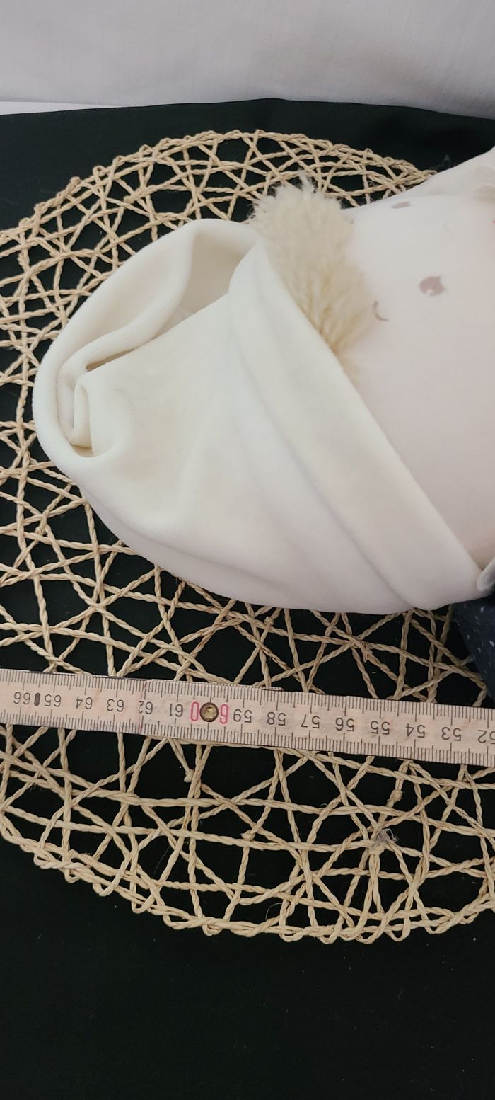 Doudou poupée lutin bleu marine fleurs bonnet blanc MOULIN ROTY grand format - photo numéro 5