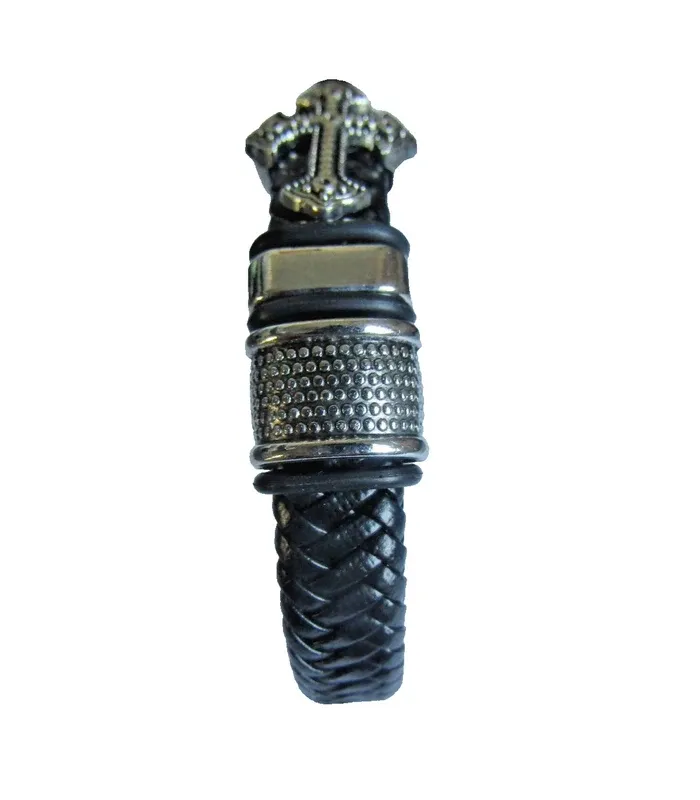 Bracelet homme en cuir tressé + fermeture charms et croix en acier inoxydable longueur 21 cms - photo numéro 3