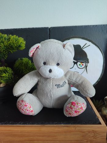 peluche Doudou ours pantin Musti mustela blanc gris rose fleur Rouge DD003073