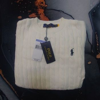 Pull torsadé col rond Polo Ralph Lauren blanc logo brodé noir taille XL