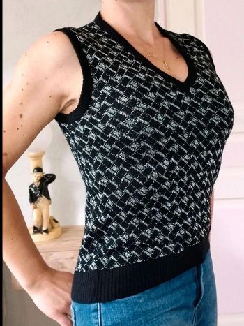 Pull  fin sans  manches - Noir  argenté motifs  -Vintage 90's  -  T32  actuel  - Parfait État