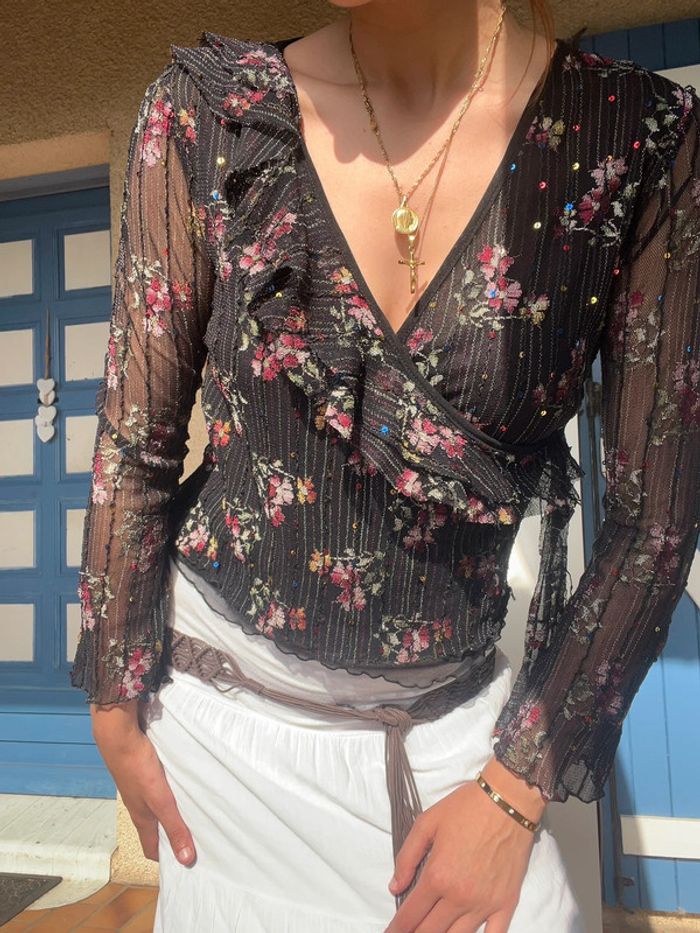 Blouse dentelle à froufrous siren office core solis vintage y2k 2000yer fleurie bohème champêtre - photo numéro 4