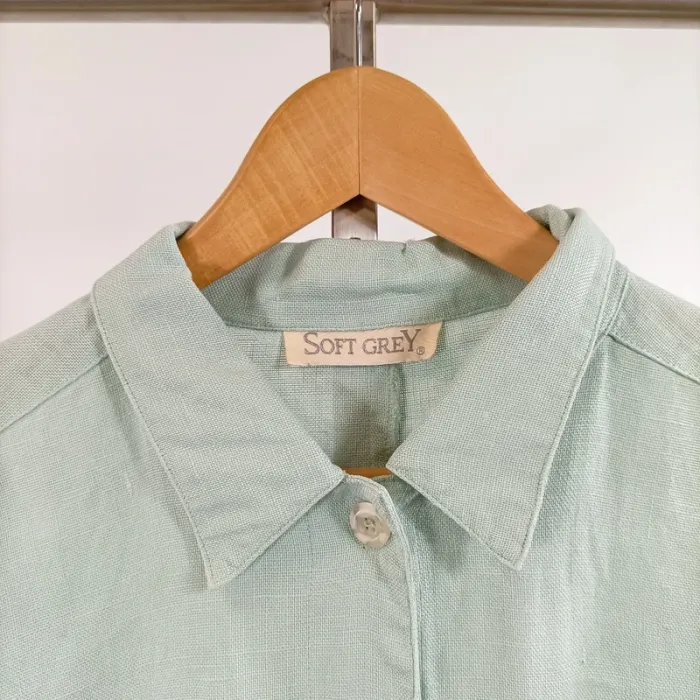Chemise oversize Soft Grey 100% lin vert d’eau manches longues poches décontractée T40 estimée A1464 - photo numéro 5