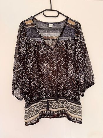 Blouse transparente à motifs fleuris & ethniques – Taille L – Camaïeu
