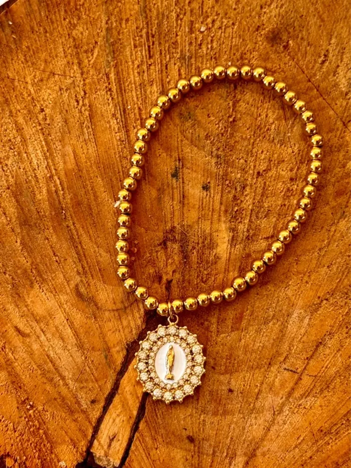 Bracelet réglable boules remplies grosse médaillevierge cristaux blanc - photo numéro 6