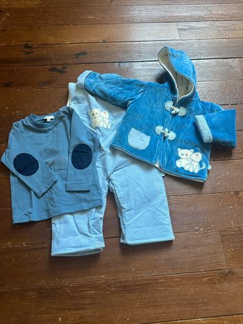 Ensemble Absorba bleu ciel salopette, manteau capuche, haut 12 mois