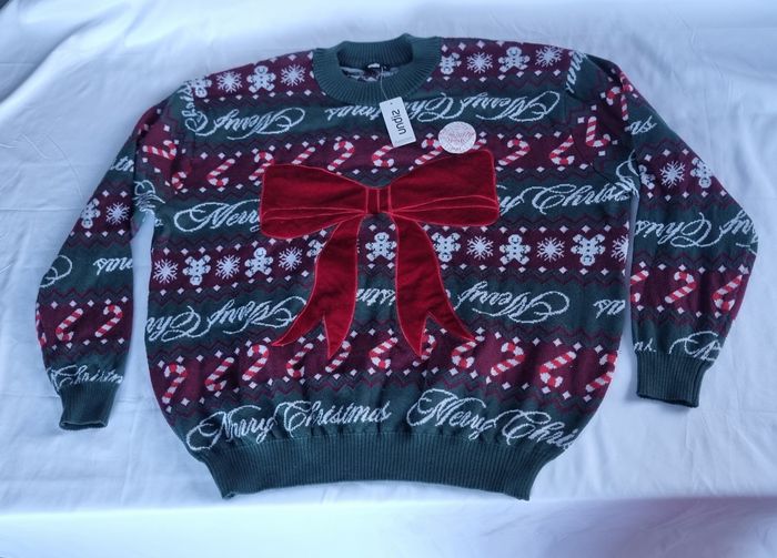 Pull de Noël Moche Tressé Nœud Velours Rouge et Vert - "Merry Christmas" - photo numéro 5
