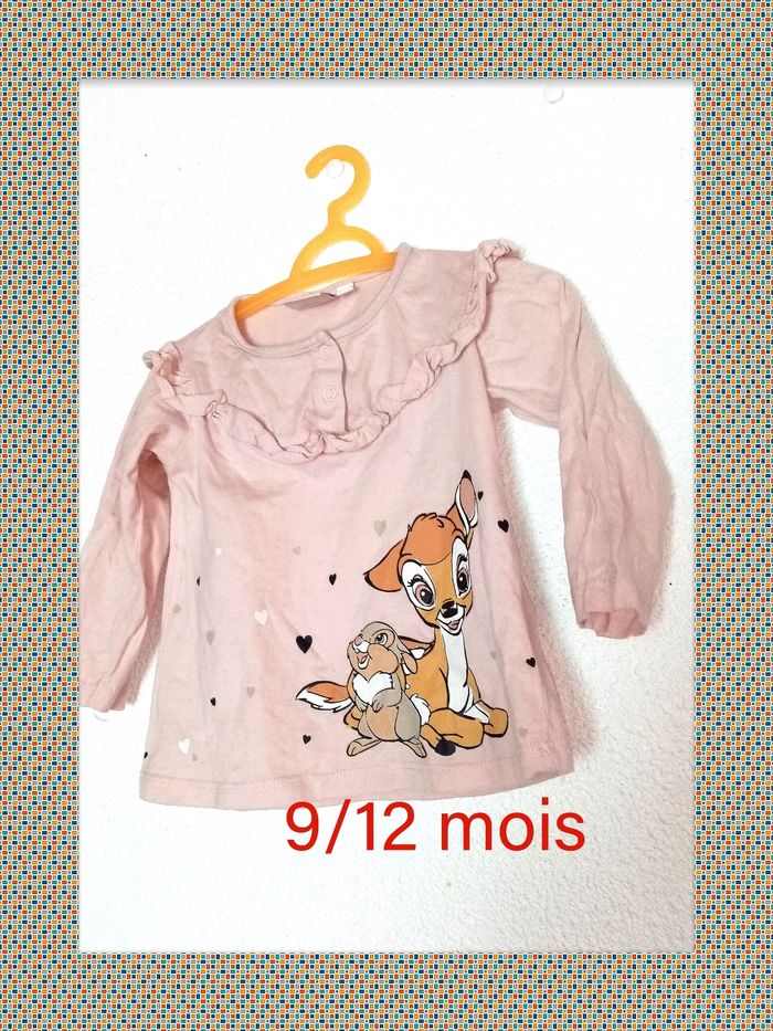 9/12 mois Disney Tee-shirt rose pale imprimé "petite biche et lapin" toutes saisons /Excellent état