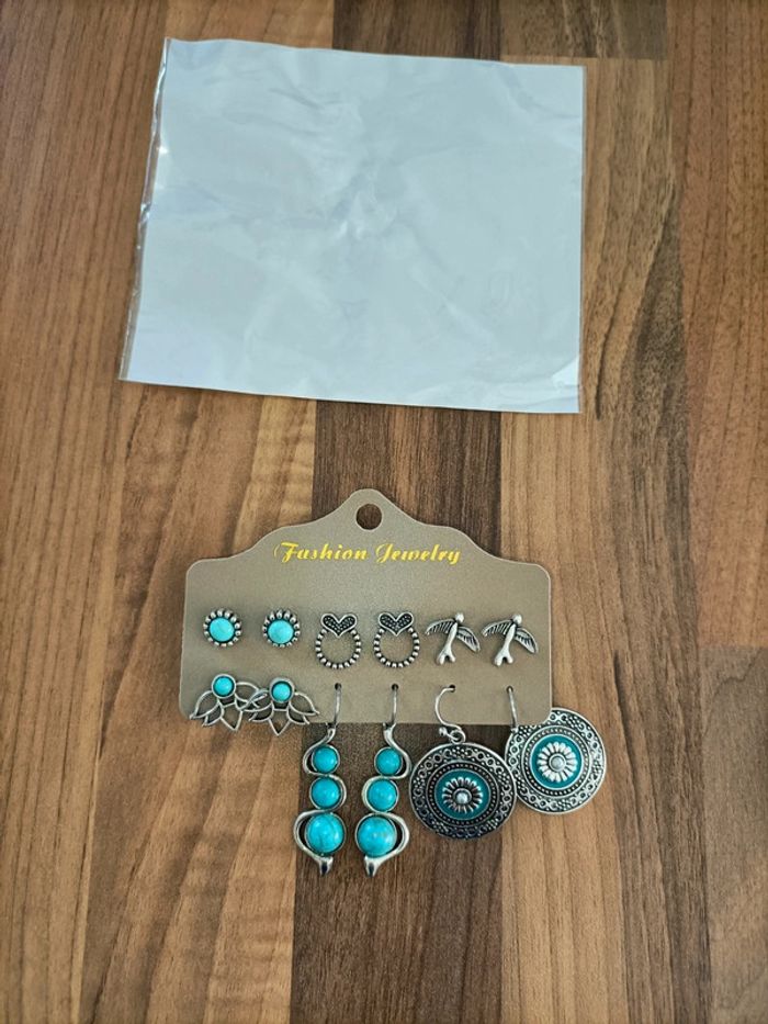 Lot 6 paires de boucles d'oreilles argent et turquoises neuves - photo numéro 2