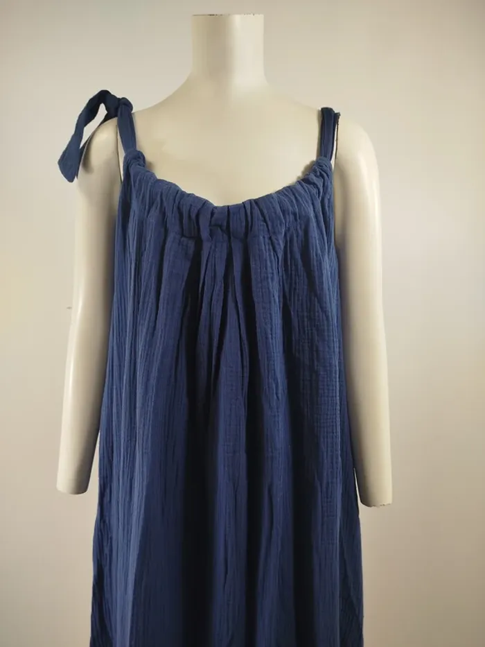 Robe longue Quintessence bleue gaze de coton made in France taille unique bretelles nouées A1615 - photo numéro 2