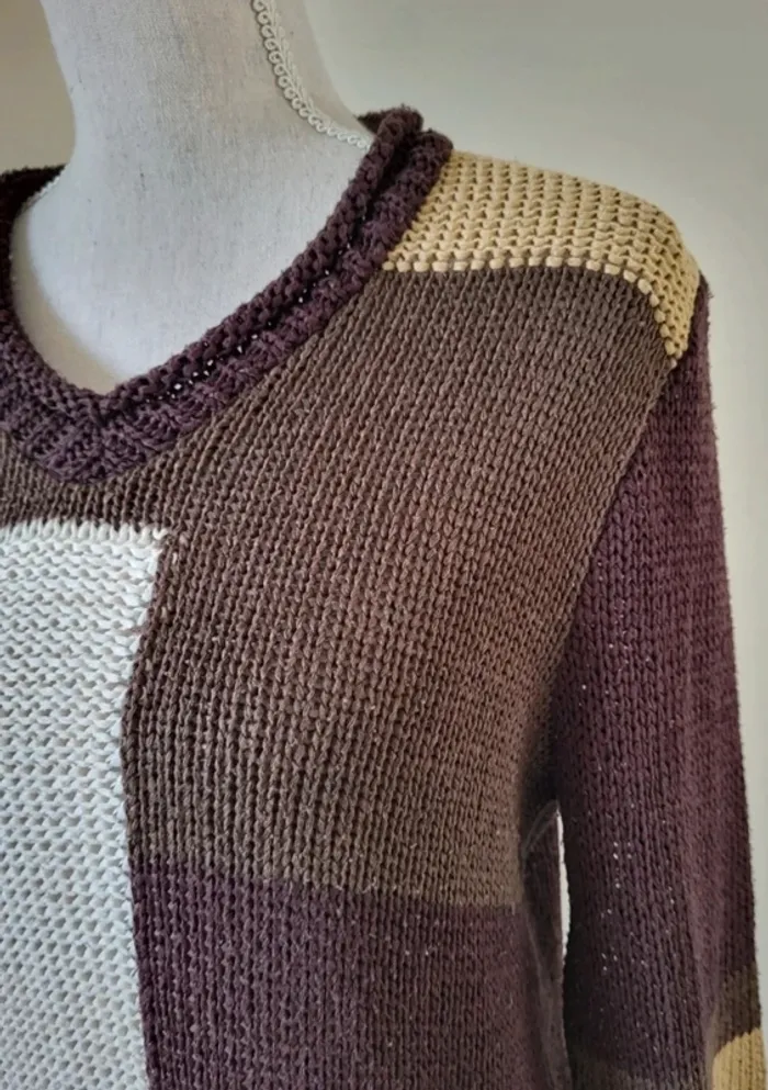 Pull à col V marron beige et blanc Christine Laure Taille 4 ou 42 - photo numéro 4