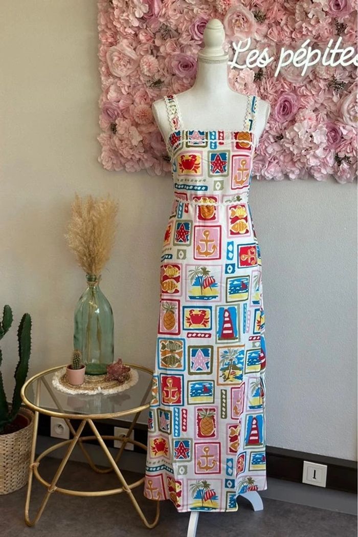Belle robe longue d’été en lin à motifs colorés de plage taille S - photo numéro 3
