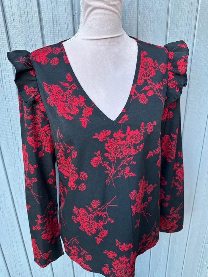 Blouse manches longues été noir rouge fleurie motifs japonais - photo numéro 2