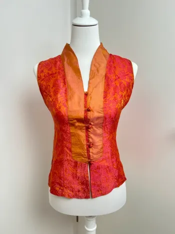 top vintage sans manches 100% soie – style asiatique – or/rose