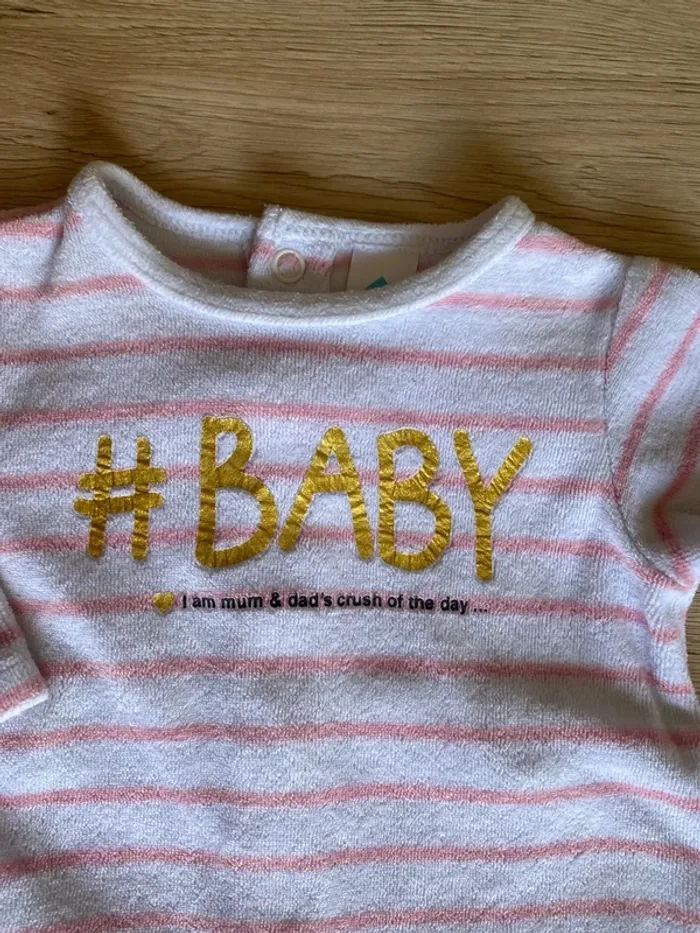 Pyjama rose rayé velours hiver bébé fille 1 mois Tex baby - photo numéro 2