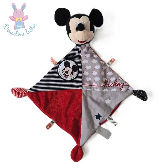 Doudou plat Souris Mickey rouge gris noir nuages étoiles Disney