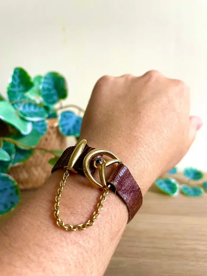 sublime Bracelet cuir lezard marron boucle metal dore avec chaine - photo numéro 11