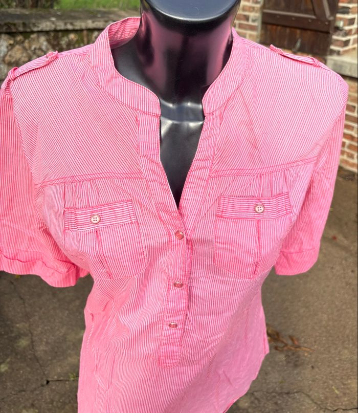 Blouse blanche et rose à rayures – Camaïeu – Taille 40 - photo numéro 2