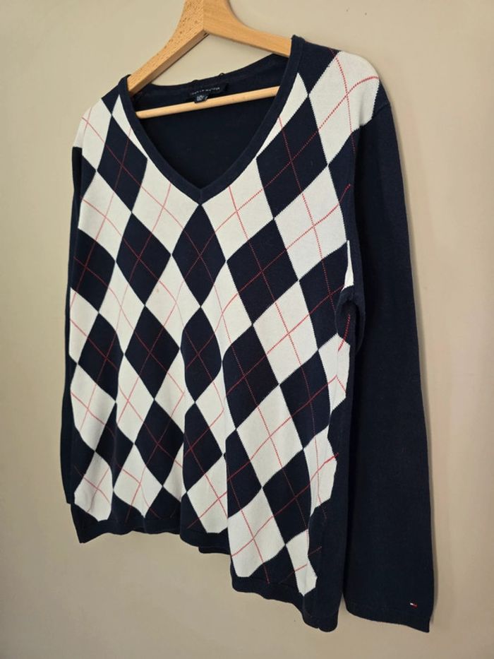pull tommy hilfiger femme xl col v argyle preppy vintage marine blanc - photo numéro 2