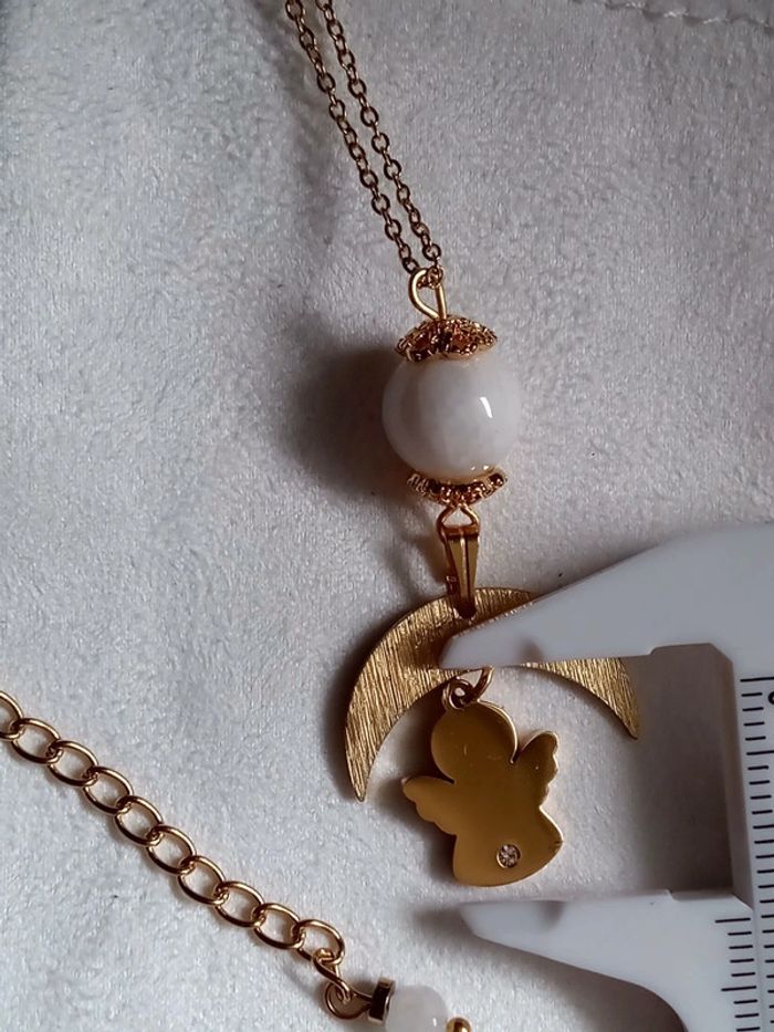Collier pierre de lune , lune et ange avec zircon en acier inoxydable - photo numéro 5