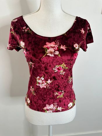 Crop top en velours et fleurs bordeaux et rose Vintage T38 M